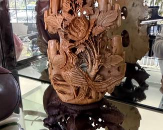 Carved Soapstone Phoenix and Peony Vase