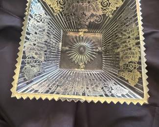 Vintage Etched Glass Square Bowl with Grapevine Motif - Heisey Ridgeleigh