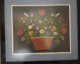 Framed Floral Needlepoint Art - "Floral Basket Dark"