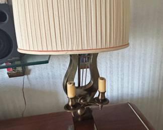 Vintage Brass Lyre Bouillotte Table Lamp with Pleated Shade