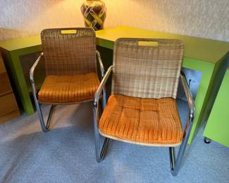Chromcraft Wicker and Chrome Cantilever Chairs with Orange Upholstery