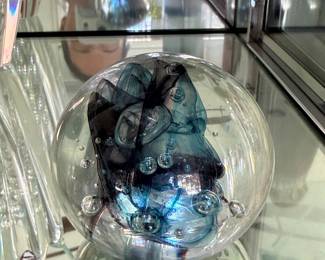 Selkirk Glass Paperweight with Blue Abstract Inclusion