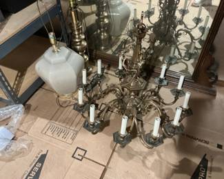 Vintage Brass Chandelier with Hexagonal Centerpiece and Crystal Accents