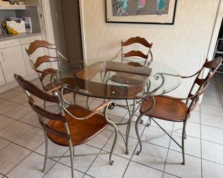 Wrought Iron and Tooled Leather Dining Set