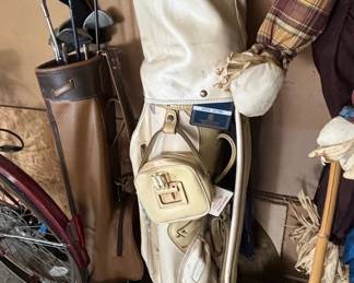 Vintage Cream and Brown Leather Golf Bag with Clubs