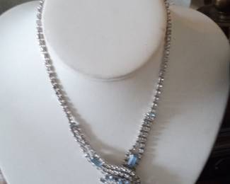 Art Deco Style Blue Crystal and Rhinestone Necklace and Earring Set