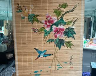 Hand-Painted Bamboo Scroll with Floral and Bird Motif