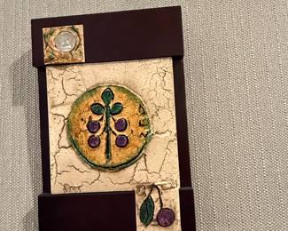 Hand-Painted Ceramic Tile with Fruit Motif and Coin Inlay