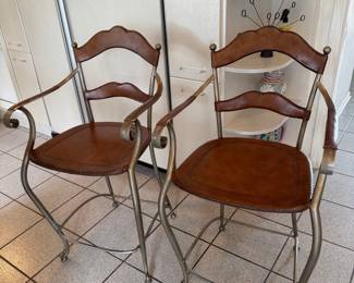 Ethan Allen "Legacy" Collection French Country Iron and Leather Bar Stools (Set of 2)