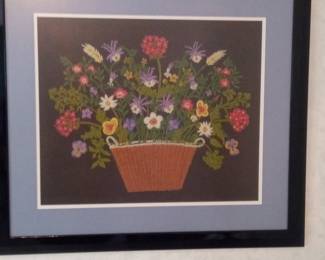 Framed Floral Needlepoint Art - "Bucket of Flowers"