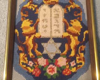 Framed Needlepoint Ten Commandments with Lions of Judah and Star of David