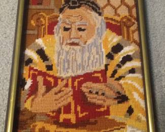 Vintage Needlepoint Portrait of a Rabbi Reading the Torah