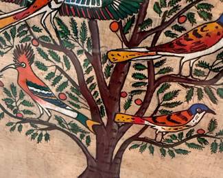 Egyptian Papyrus Painting with Hieroglyphs and Birds