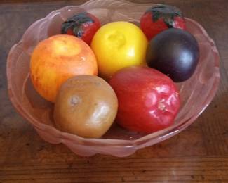 Vintage Pink Glass Scalloped Edge Fruit Bowl with Assorted Faux Fruits
