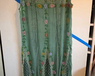 1920s Sage Green Beaded Floral Flapper Dress