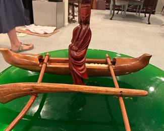Hawaiian Outrigger Canoe with Carved Figure