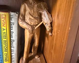 Hand-Carved Wooden Figurine of a Fiddler Signed A. Peltier