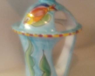 Hand-Painted Italian Ceramic Lantern with Fish and Foliage Motif