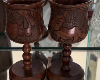 Pair of Hand-Carved African Wooden Goblets with Elephant and Rhino Motifs