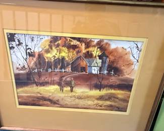 Watercolor Painting of Rural Autumn Scene with Hunters by tom lynch