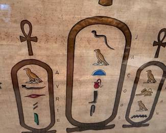 Egyptian Papyrus Painting with Hieroglyphs and Birds