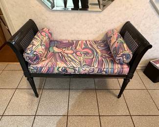 Regency Style Cane Bench with Abstract Floral Upholstery