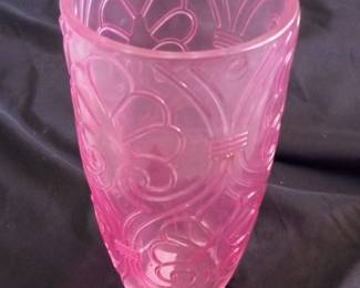 Pink Frosted Glass Vase with Embossed Floral and Swirl Motif