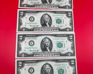 Set Of 4 Consecutive Serial Numbers 1976 $2 Bills