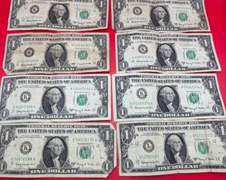 Lot Of 8 1963 $1 Federal Reserve Notes