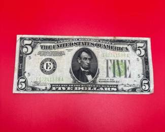 Series Of 1934 $5 Light Green Seal Federal Reserve Note