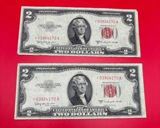 Lot Of 2 1953 C Near Consecutive Red Seal $2 Star Notes