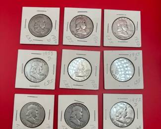 Lot Of 9 Slabbed 90 Silver Ben Franklin Half Dollars