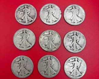 Lot Of 9 90 Silver Walking Liberty Half Dollars