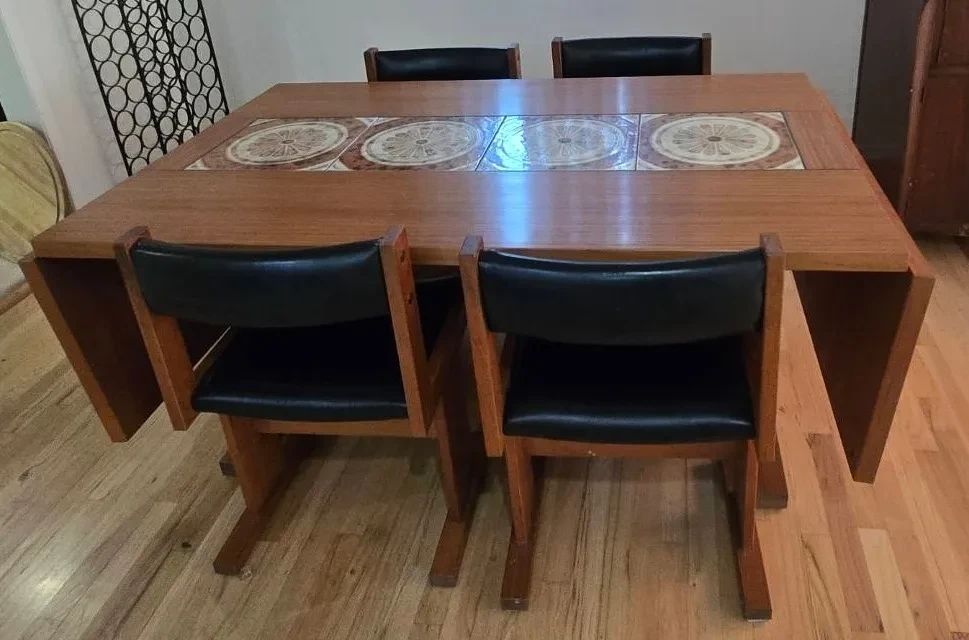  01 Midcentury Teak and Ceramic Tile Drop Leaf Dining Set
