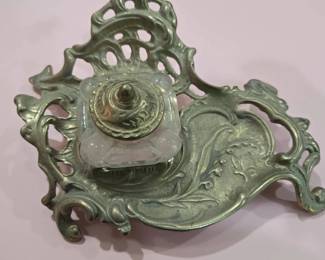 Vintage Ornate Brass Desktop Inkwell