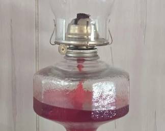 Vintage Eagle 1950s Pressed Glass Red Base Oil Lamp with Chimney