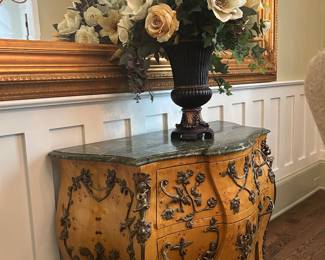 French—style 2 drawer marble top chest, the flower arrangement has been sold