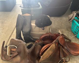Riding boots, vintage & newer (Troxel )helmets, boots