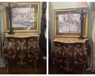 another set of matching marble top nightstands, lamps, pictures