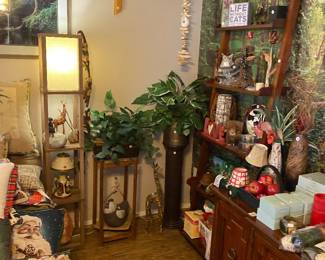 Plant stands, standing lamp, cabinet, decor, A-frame shelf