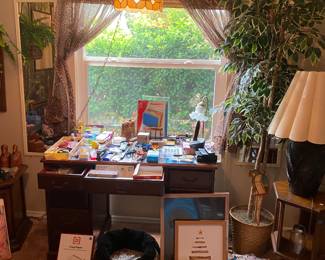 Vintage desk, office, goods, artwork, fake tree, lamp, side table