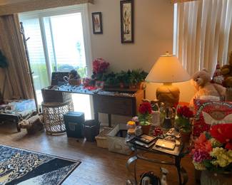 Sewing machine in sewing table, glass, top coffee, table, shredder, rug