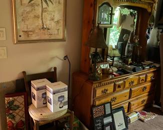 Chair, lamps, dresser, decor