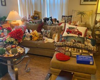 Sectional sofa, ottoman, Mahjong set, glass, top side table, cushions, stuffed animals