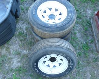 (4) 15" White Spoke Wheels, Tires (might fit a vintage Jeep)