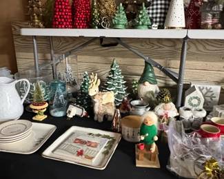 Assorted Christmas Decorations including Ceramic Trees, Gnomes, and Brass Reindeer Stocking Holders second image