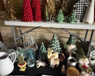 Assorted Christmas Decorations including Ceramic Trees, Gnomes, and Brass Reindeer Stocking Holders third image