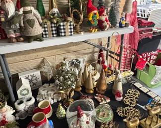 Assorted Christmas Decorations including Ceramic Trees, Gnomes, and Brass Reindeer Stocking Holders fourth image
