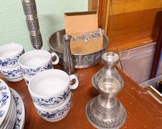 Set of Pewter Demitasse Cup Holders with Porcelain Cups