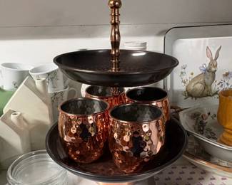 Hammered Copper Finish Tiered Server with Oak Leaf Finial and Cups